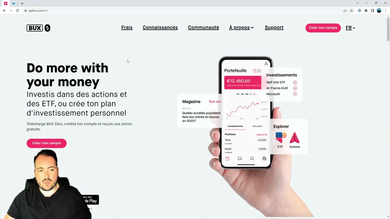Interface de l'application BUX Zero et ses fonctionnalités