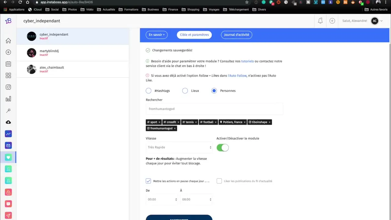 Paramètres de sécurité et anti-blocage d'InstaBOSS