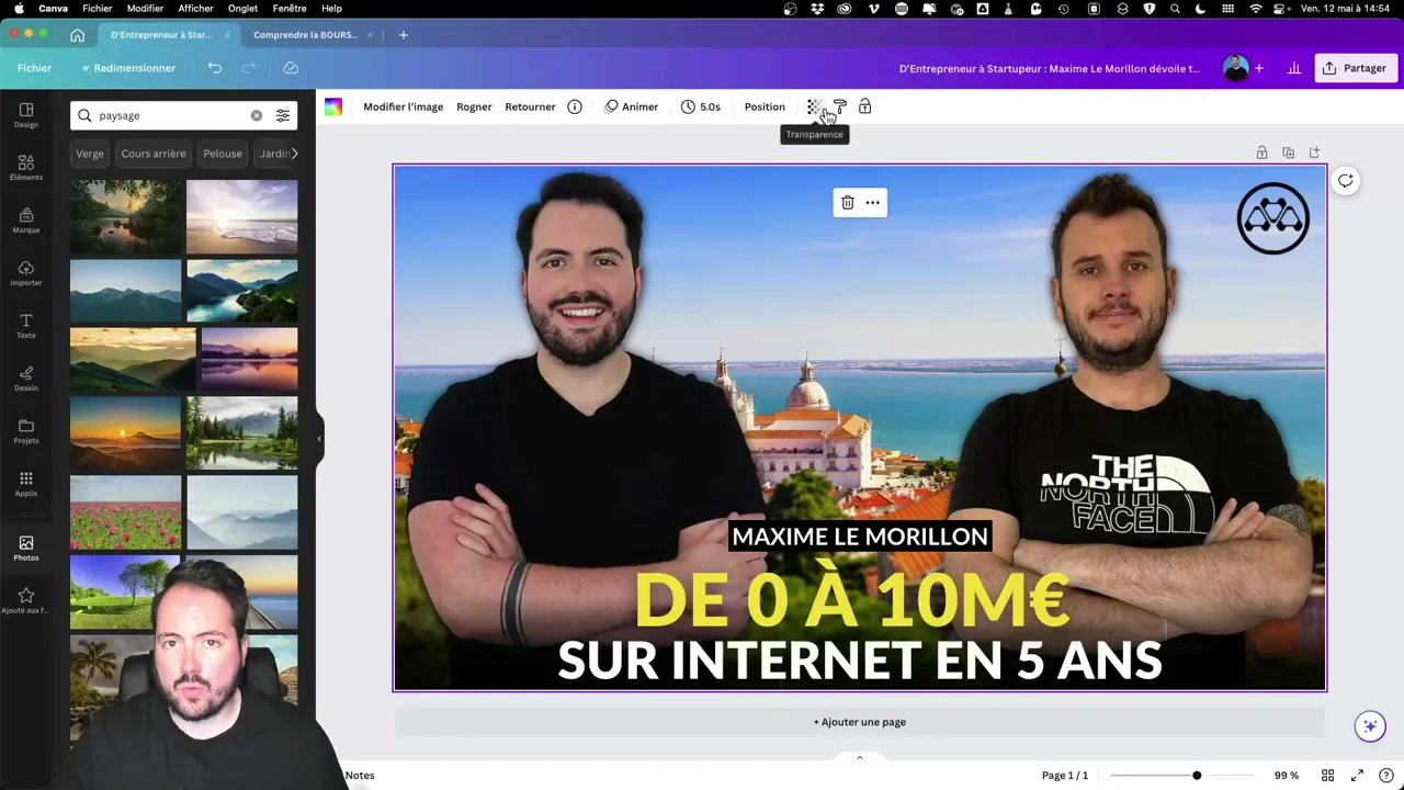 Interface de Canva pour créer une miniature YouTube