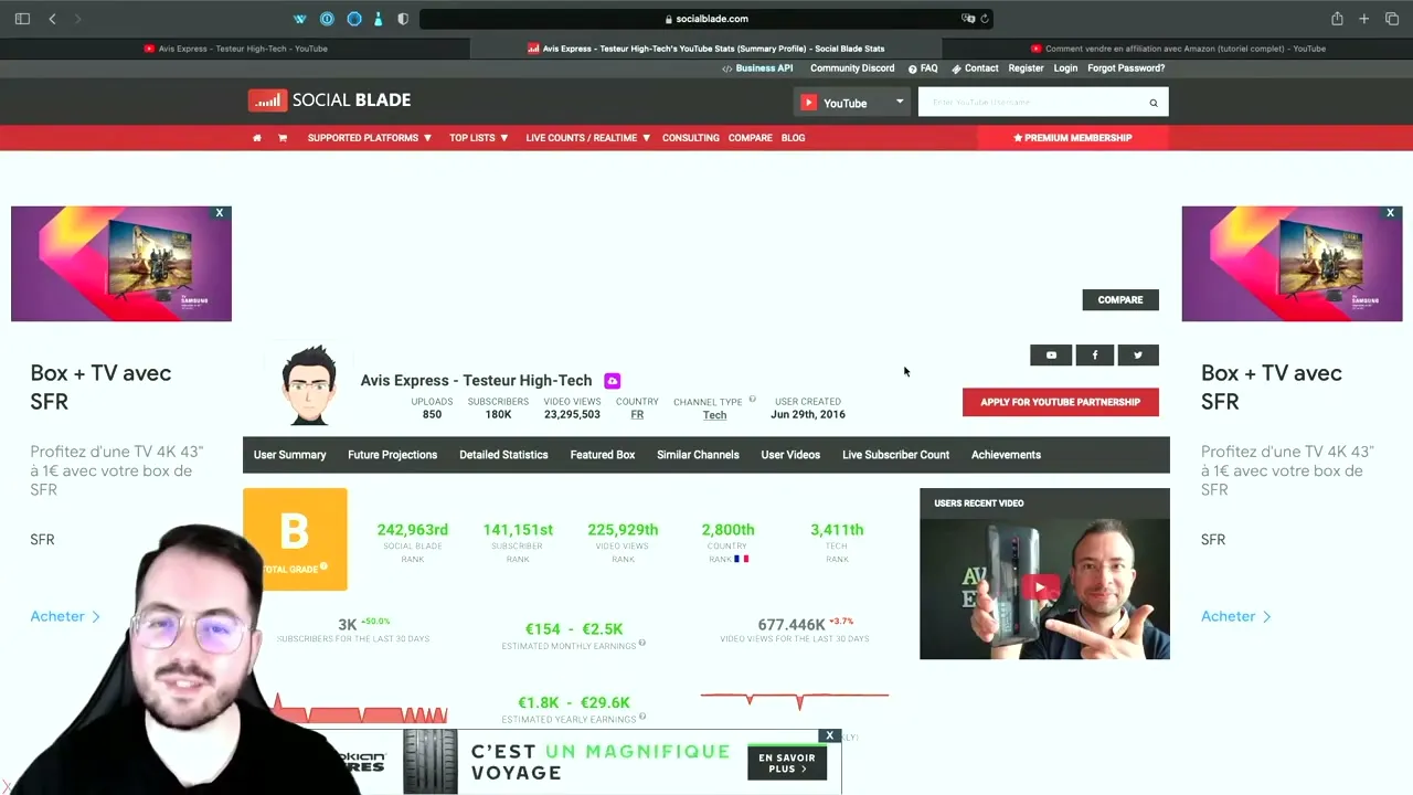 Analyse des revenus YouTube avec Social Blade